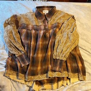 Oil & Hali Boho Plaid and Paisley Blouse